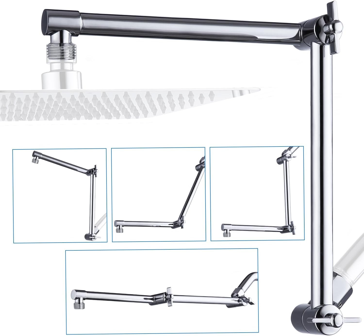 G-Promise 16 Inch Shower Head Extension Arm, Solid Brass Height & Angle Adjustable Extender, Rise or Lower Rainfall and Fixed Shower Head (Chrome)